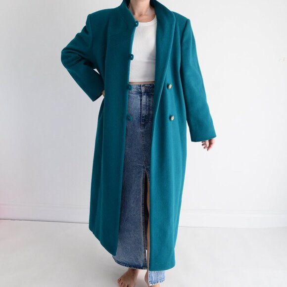 Teal Long Women's Coat - Picture 2 of 12